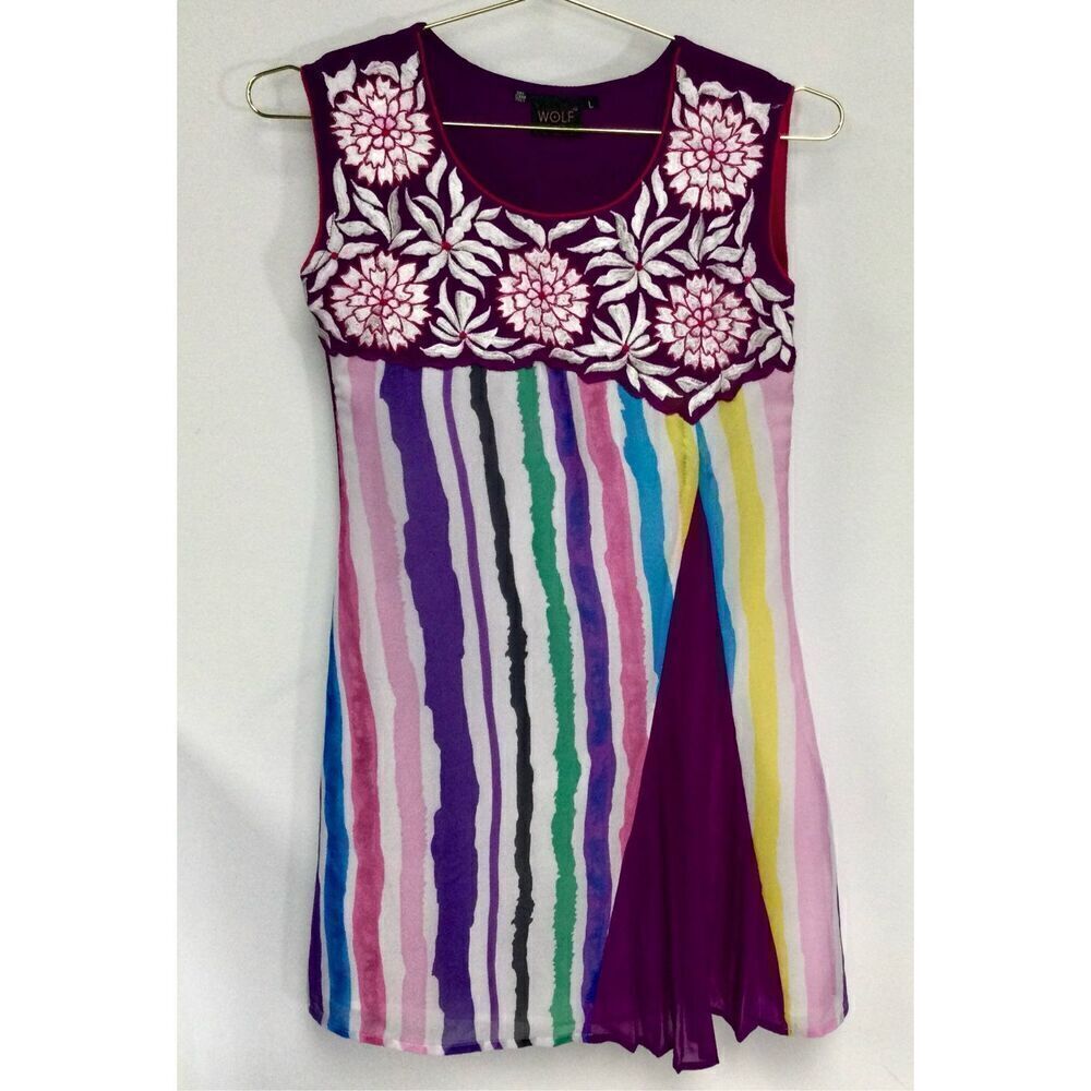 Wolf by Scale Womens Purple Embroidered Floral Striped Sleeveless Top Size X- Sm